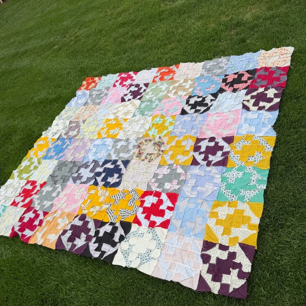 Rare Vintage Handmade Scrappy Patchwork Quilt Top Colorful Cotton Folk Art 92x82